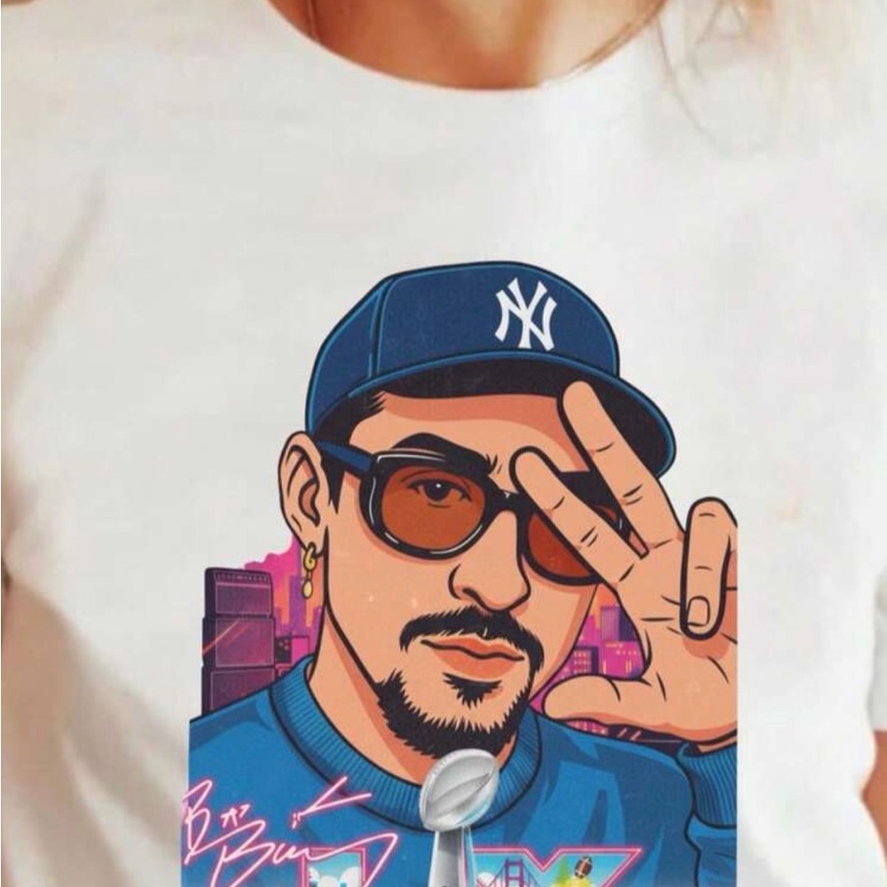 SHEIN White Tee Bad Bunny Yankee